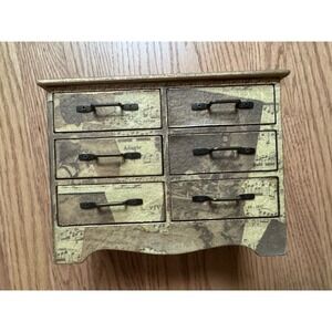 Wood 6 Drawer Mini Chest Sheet Music Decoupage Jewelry Box Vintage 90s Decoline